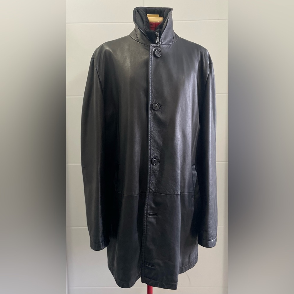Hugo Boss - black leather car coat *(lining needs repair) Size XL